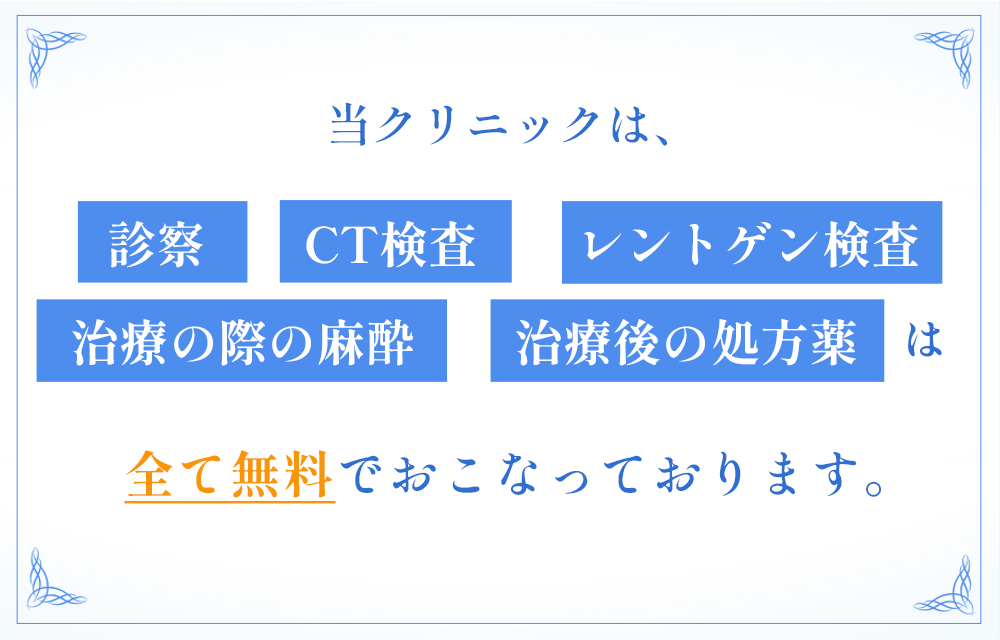 当クリニックは、診察、CT検査、レントゲン検査、治療の際の麻酔、治療後の処方薬は全て無料でおこなっております